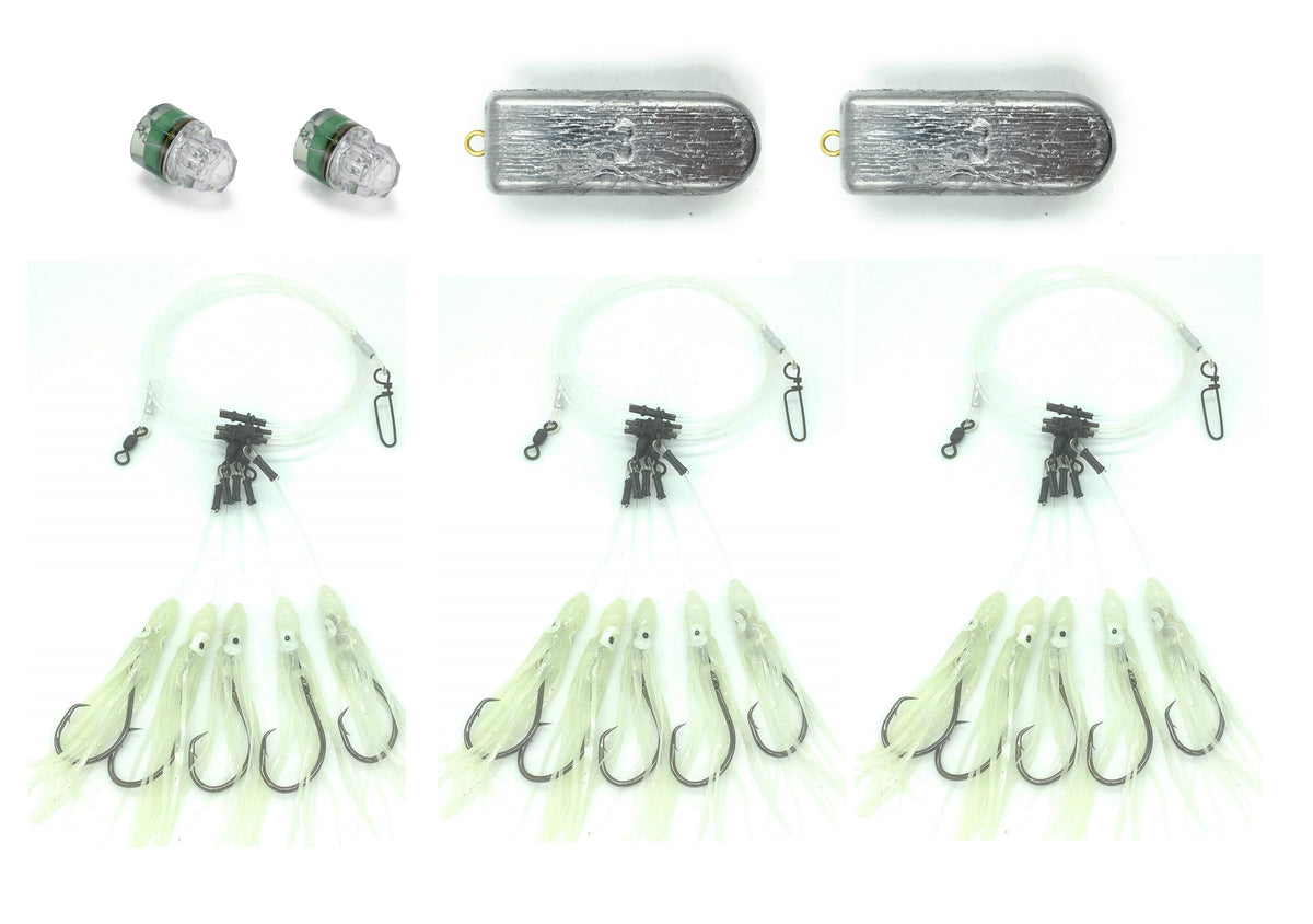 5 Hook Deep Drop Rig Bundle, Glow Squid or Glow Sleeve - 3 Rigs, 2 Lig –  End Game Tackle Company